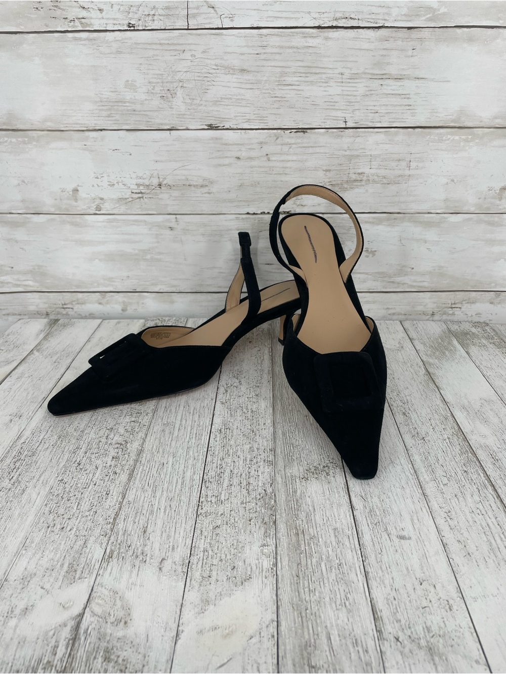 Ann Taylor Black Leather Pointed Toe Slingback Kitten Heels Size 9.5M Classic
